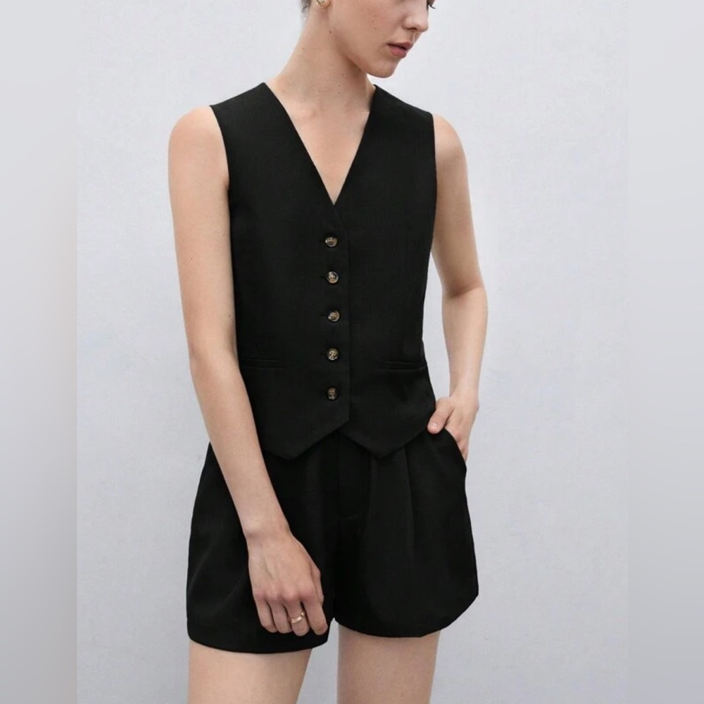 Black Button-Up Vest and Shorts Set